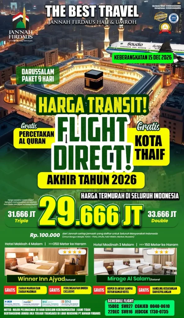 Umroh 9 hari paket Darussalam akhir tahun 15 Desember